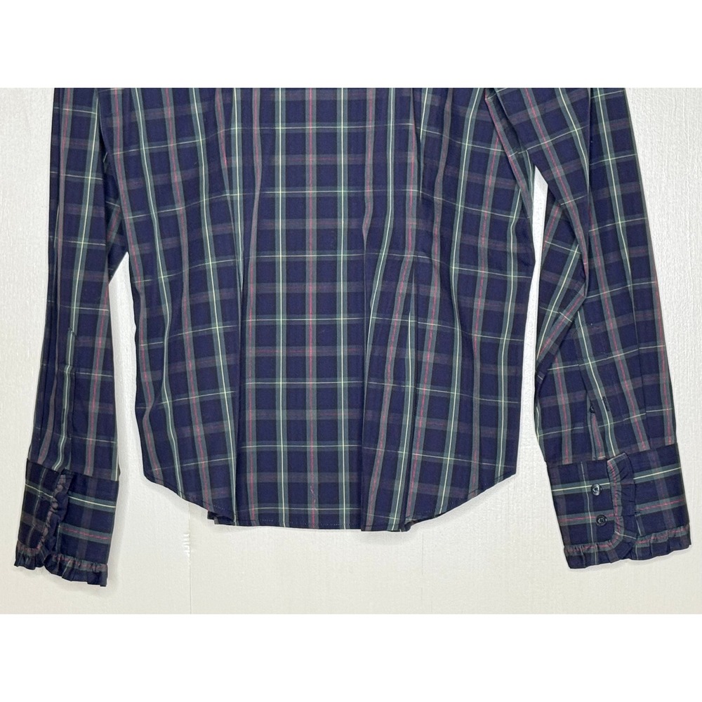 Chaps Navy Blue‎ Green Plaid Ruffle Front Band Collar Button Down Shirt Large - Picture 7 of 8
